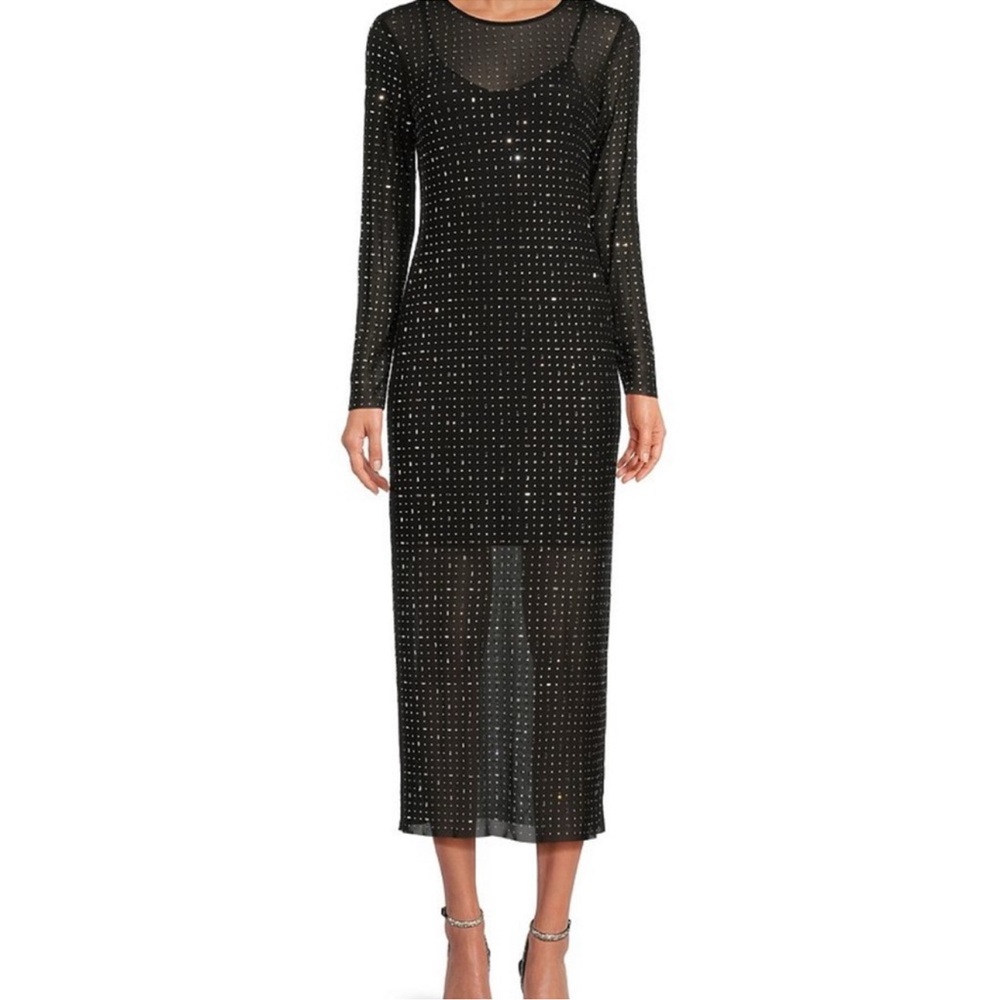 NWT Gianni Bini Rhinestone Mesh Crew Neck Long Sleeve Sheath Dress